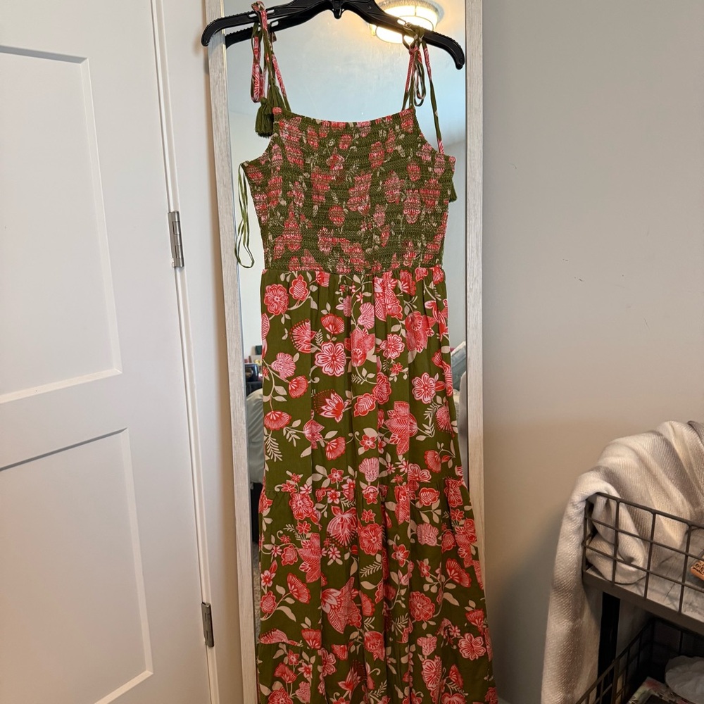 Patrons of Peace Olive Green Maxi Dress with Pink Floral Detail